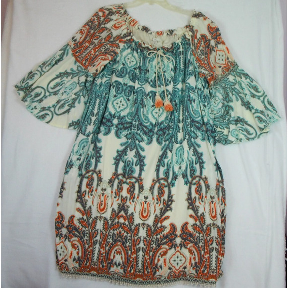 Old Navy Boho Mini Dress Paisley Peasant Short Sleeves‎ Tassels Size 22/24 Plus - Picture 1 of 15
